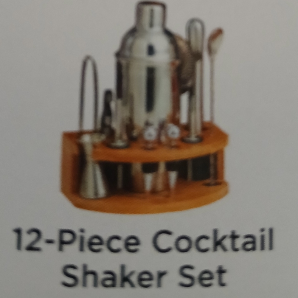 12 Pc Silver Cocktail Shaker Set w/ Wooden Stand
